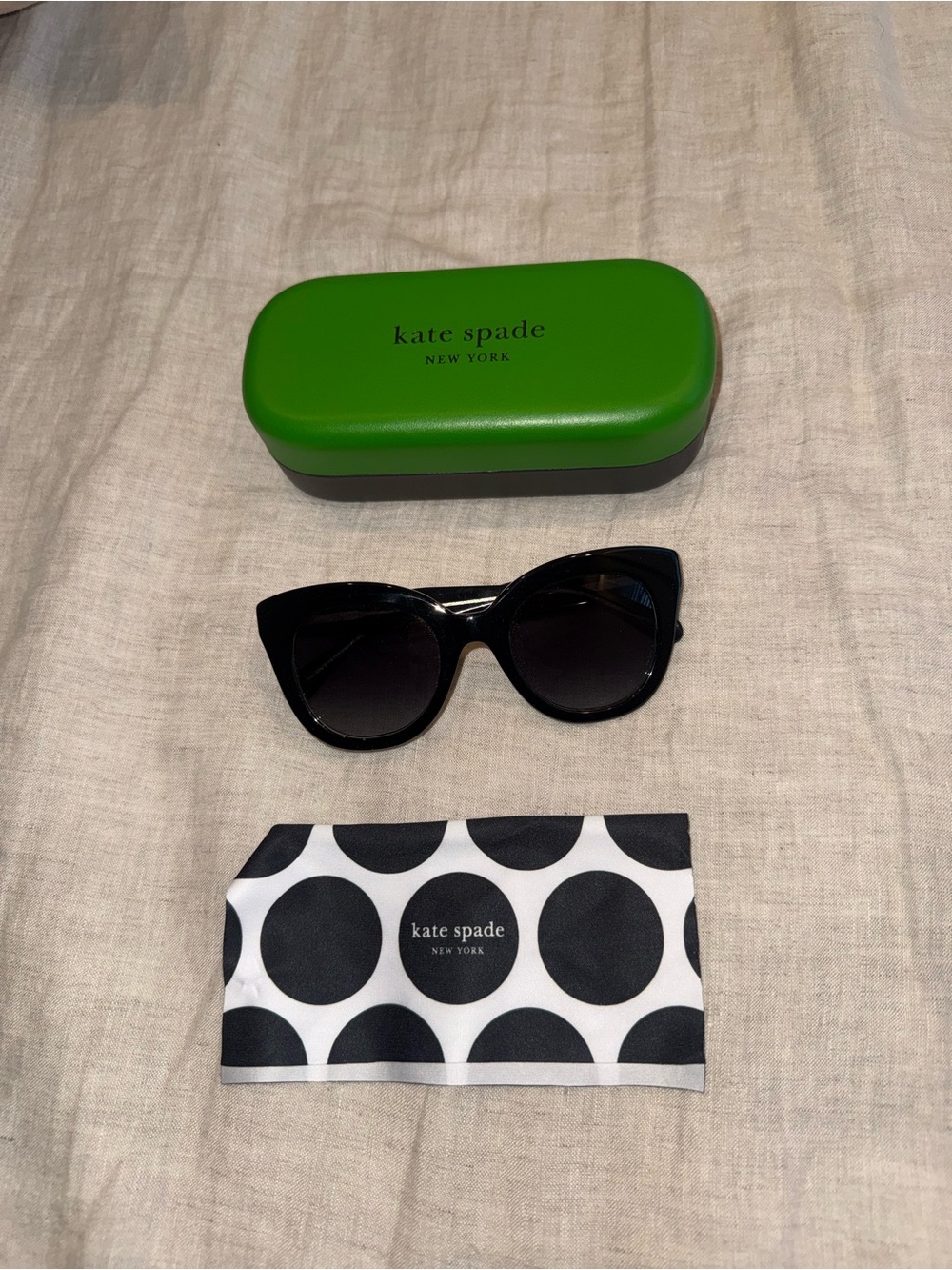 kate spade Black Cat-Eye Sunglasses with Green Case and Polka Dot Cloth
